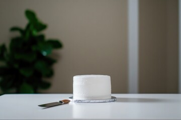Minimalistic round cake on table with knife nearby, natural ligh