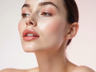 Beautiful woman showing perfect smooth glossy skin and pastel makeup