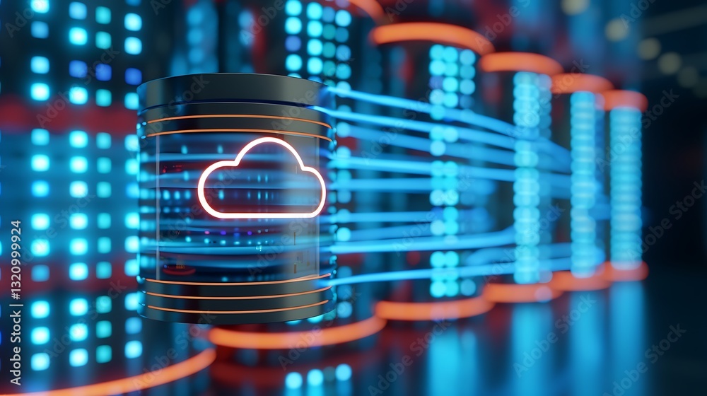 Poster abstract digital cloud computing concept with data storage representation and glowing connections in