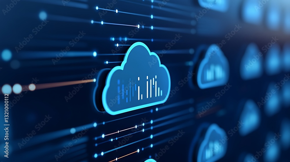 Poster abstract digital cloud technology background with data streams and network connections in blue and b