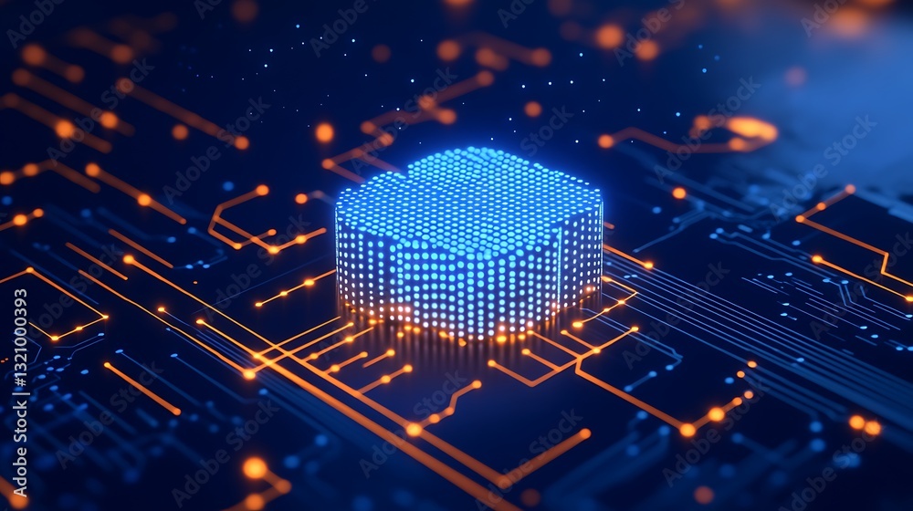 Wall mural abstract digital representation of a glowing cube on a futuristic circuit board background with blue