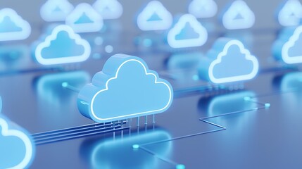 Fototapeta premium Abstract illustration of glowing cloud computing technology with neon blue clouds and data connections on a digital surface