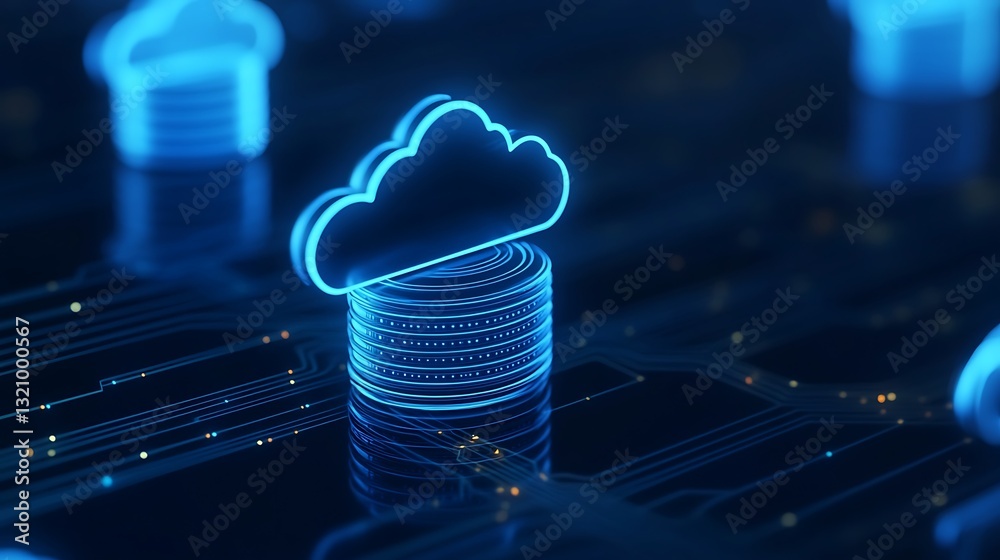 Poster abstract representation of cloud computing with glowing blue cloud above digital data storage on a c