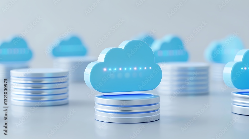 Poster blue cloud icon displayed on stacked metallic disks representing cloud computing and digital storage
