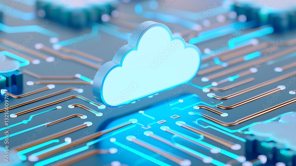 Poster blue cloud icon on circuit board background representing data storage and cloud computing technology