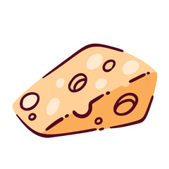 Triangle slice of cartoon cheese with holes. Funny triangular yellow piece of snack, gourmet chunk. Dairy product, food ingredient mascot, delicatessen cartoon cheese portion vector illustration
