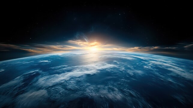 Capturing the breathtaking view of Earth from space, this image illustrates the stunning transition of day as the warm glow of sunrise embraces the horizon.