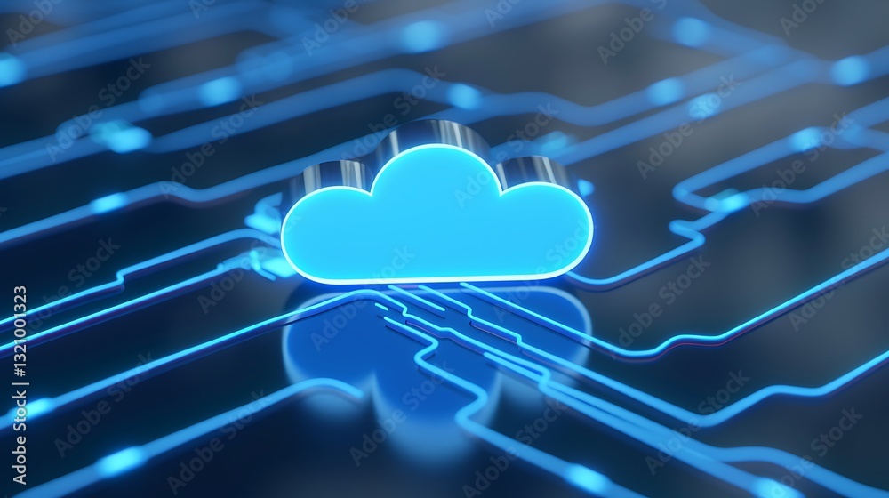Poster blue cloud icon surrounded by neon circuit lines representing digital technology and cloud computing