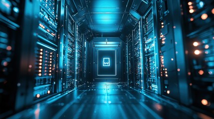 Fototapeta premium Futuristic Data Center Corridor Illuminated with Blue and Orange Lights and Digital Connections