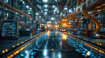 Fototapeta premium Futuristic Factory Interior with Automated Production Lines and Digital Screens in Industrial Setting