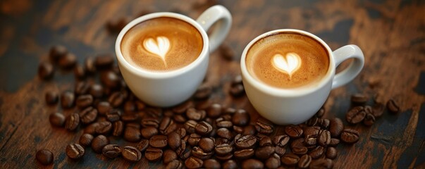 Two cups of latte with heart art on rustic table surrounded by coffee beans