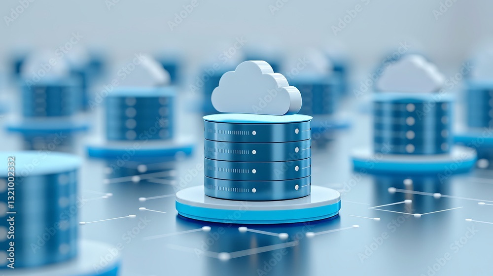 Poster cloud computing data storage with server stacks and cloud icons in a modern digital environment