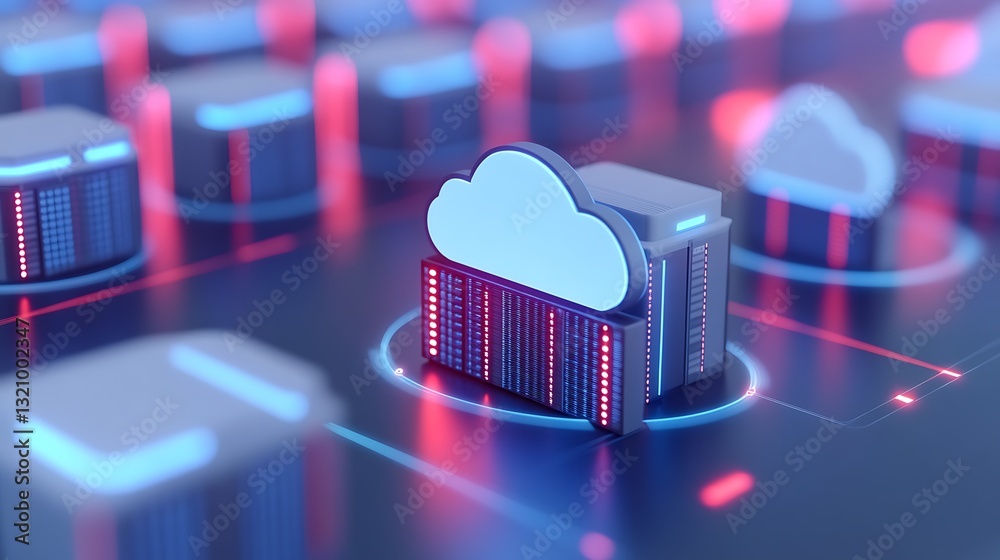 Poster cloud computing conceptual illustration featuring server structures and data flow in digital environ