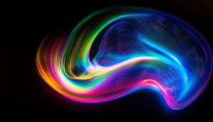 Abstract neon holographic lights wavy shapes with gradient colors on black background.