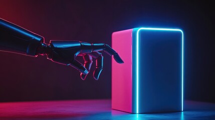 Futuristic Robot Hand Reaching Towards a Luminous Cube in a Dark Neon Environment