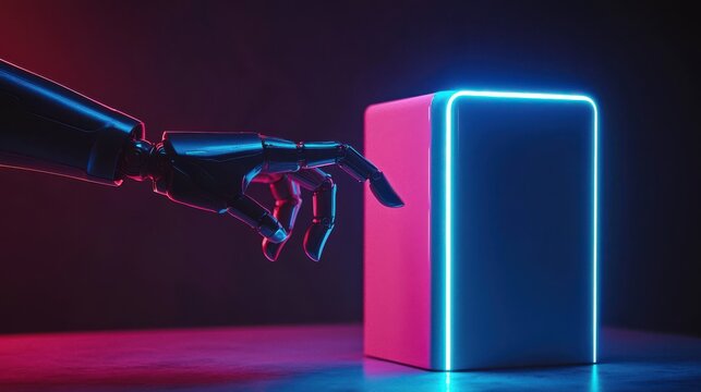 Futuristic Robot Hand Reaching Towards a Luminous Cube in a Dark Neon Environment