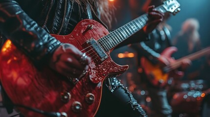 Guitarist playing electric guitar on stage at concert with band