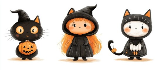 Cute halloween cartoon characters . White isolated background