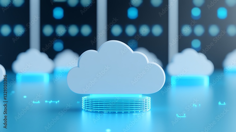 Poster digital cloud computing concept featuring floating clouds and data circuits in a futuristic environm