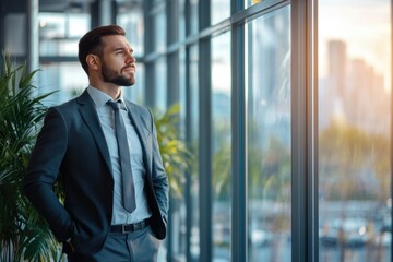Man in suit and tie looking out of window with city view, possibly deep in thought.