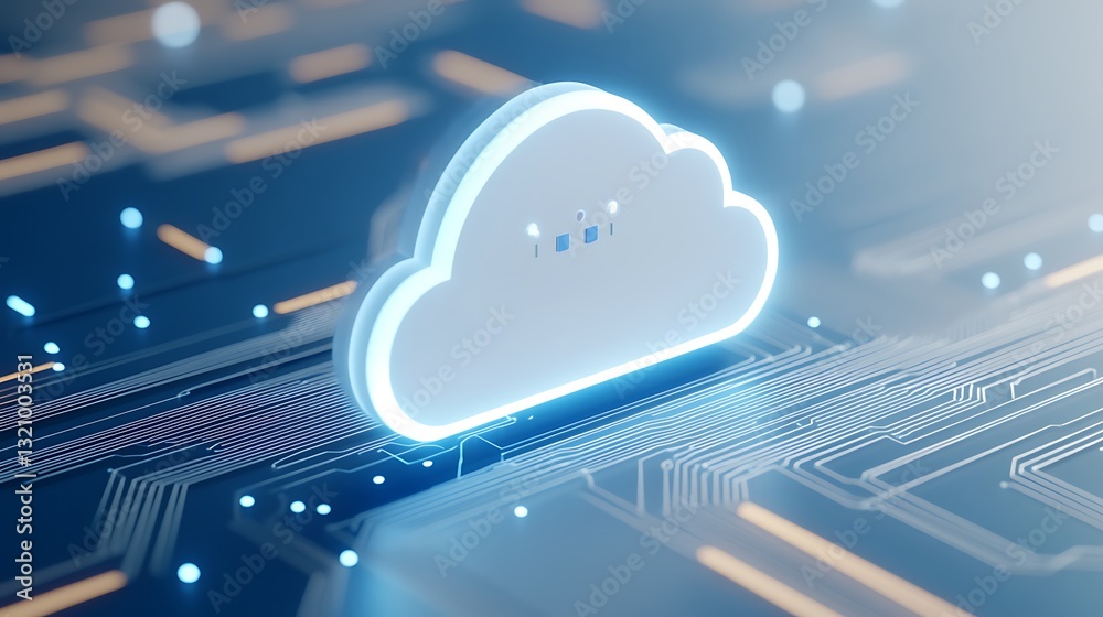 Poster digital cloud computing concept with abstract circuitry background and glowing elements
