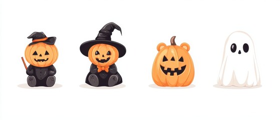 Naklejka premium Halloween character vector set. Halloween characters like pumpkin vampire, teddy bear, ghost and grim reaper isolated in white background