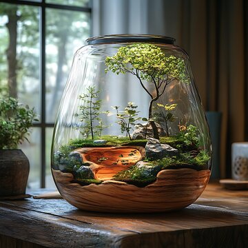 Beautiful Glass Terrarium Featuring Multi-Level Ecosystem With Lush Greenery And Light Photo