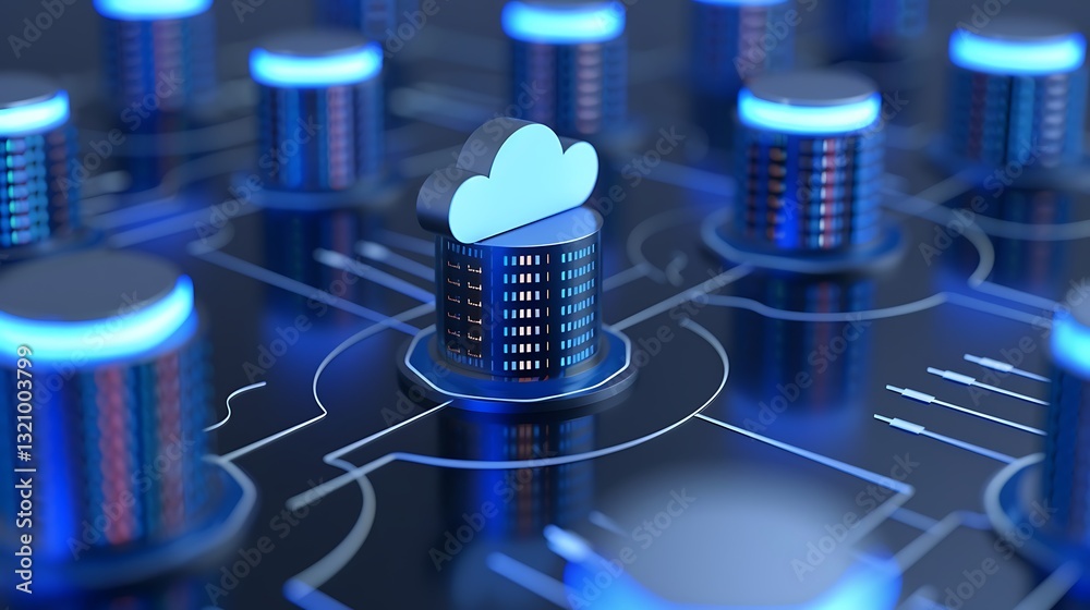 Poster digital cloud computing concept with connected data servers and blue glow visualization