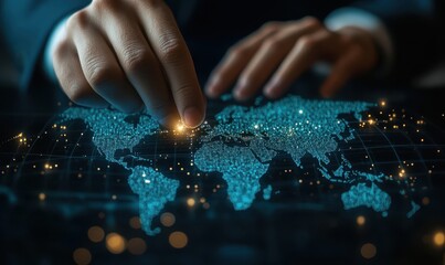 Hand of businessman control on Global finance map with interactive touch screen, futuristic and innovative. Technology and futuristic concept. Digital healthcare and network on modern virtual
