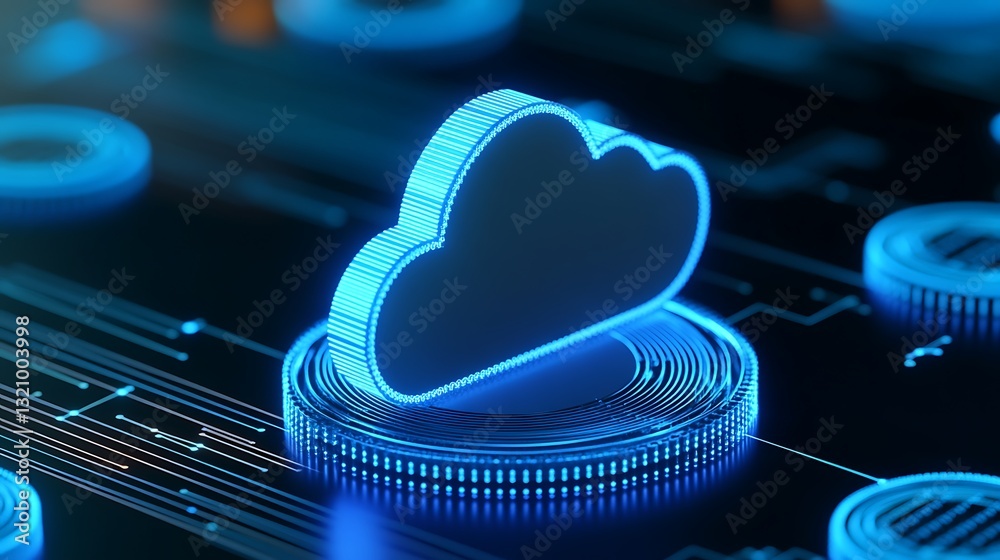 Poster digital cloud computing concept with neon blue cloud icon and circuit pattern background for technol