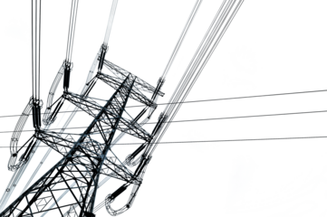 Photo of high voltage power tower, electriciy pylon and electric line cables isolated on white or transparent background, png cut out