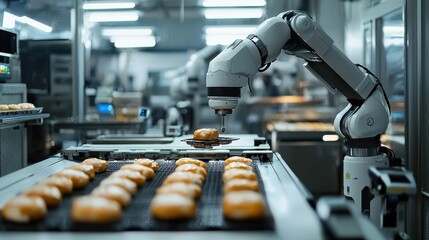 Robotic Arm Assembling Freshly Baked Donuts in a Modern Food Production Facility