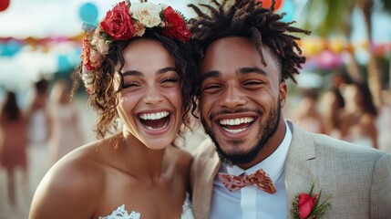 A joyous moment of two individuals sharing laughter, adorned in wedding attire, against a vibrant, festive backdrop featuring colorful decorations at a beachside ceremony.