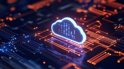 Digital Cloud Computing Concept with Futuristic Circuit Board Design in Blue and Orange Colors