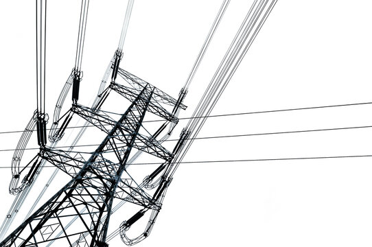 Photo of high voltage power tower, electriciy pylon and electric line cables isolated on white or transparent background, png cut out