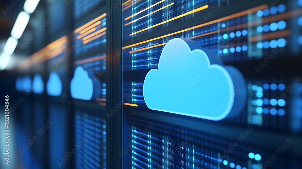 Poster digital cloud computing concept with server storage and data visualization for modern technology bac