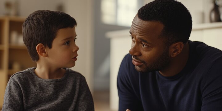 A man and a young boy sit in a domestic setting, engaged in a heartfelt discussion. The scene conveys a sense of trust, understanding, and familial bonding.
