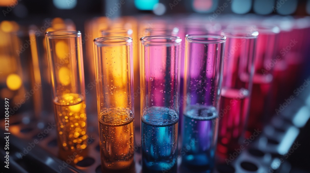 Poster Brightly colored test tubes filled with various liquids are arranged in a laboratory. The setup highlights chemical synthesis and processing within an advanced engineering environment.