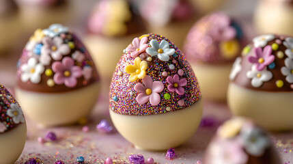 A set of Easter eggs filled with a creamy blend of dark and white chocolate ganache, decorated with colorful edible flowers and glitter for an extravagant, spring-inspired holiday treat.