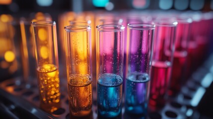Brightly colored test tubes filled with various liquids are arranged in a laboratory. The setup highlights chemical synthesis and processing within an advanced engineering environment.