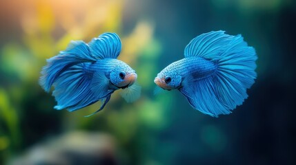 This image captures two blue betta fish in a graceful interaction, highlighting the beauty of their elaborate fins and colorful patterns against a calming background.