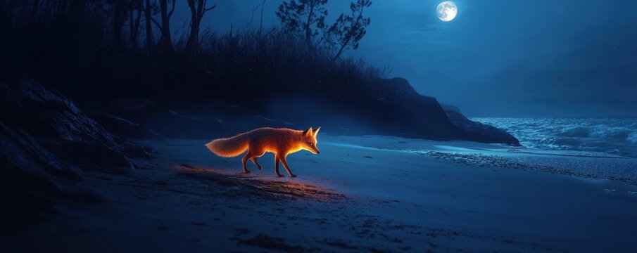 Glowing fox illuminates moonlit beach at night with mysterious blue aura