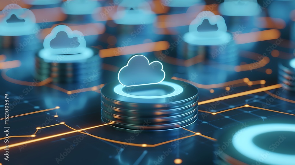 Poster digital cloud storage concept with bright icons on coins and circuit patterns in modern technology b