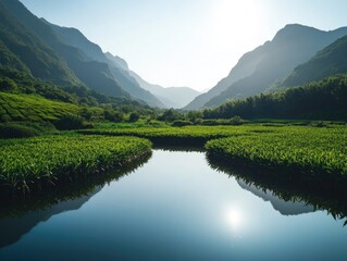 Fototapeta premium Serene mountain valley landscape with reflections on a tranquil lake