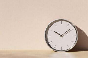 Minimalist clock design casts soft shadow against smooth surface