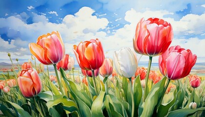 青空チューリップのアップ