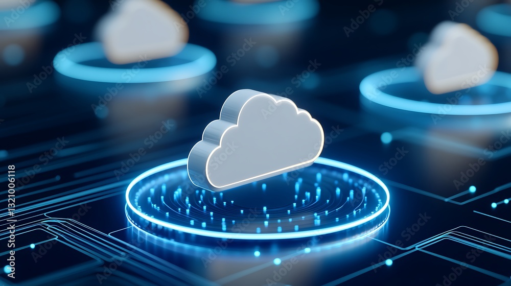 Poster digital cloud technology concept with glowing elements and futuristic interface design in a modern d