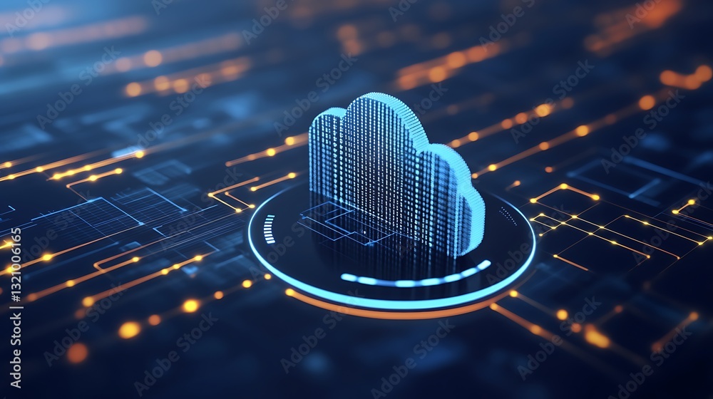 Poster digital cloud technology with binary code and data connections in a futuristic environment