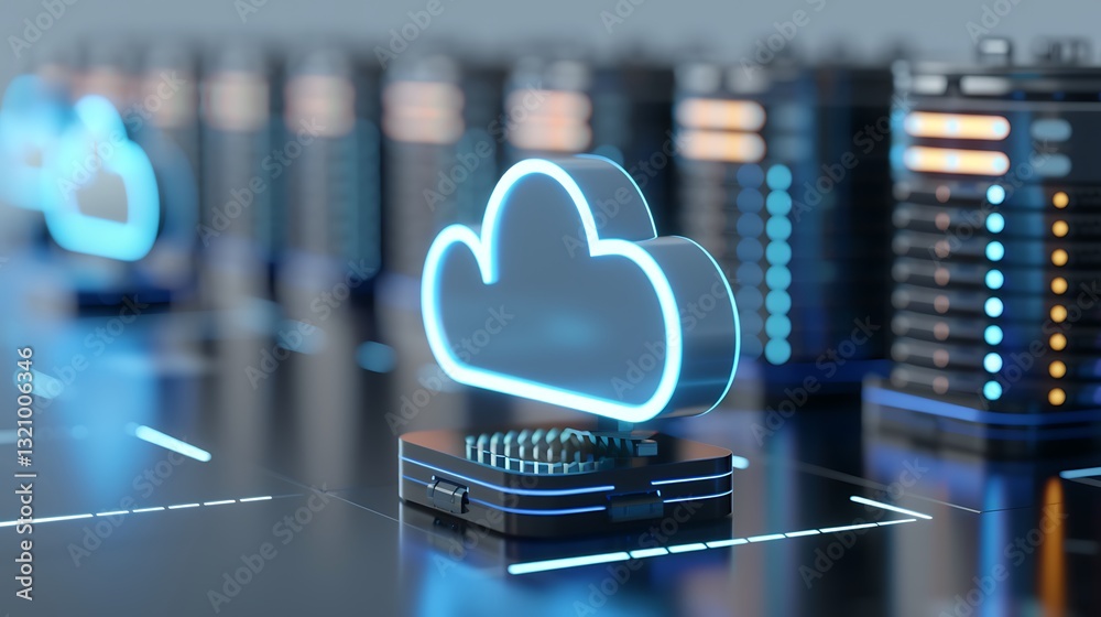 Wall mural digital data storage concept with glowing cloud symbol surrounded by server racks in a technology en