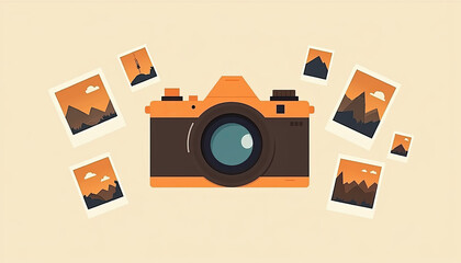 Minimalist Flat Vector Illustration of a Vintage Camera with Scattered Travel Photos, Nostalgic and Adventurous Atmosphere